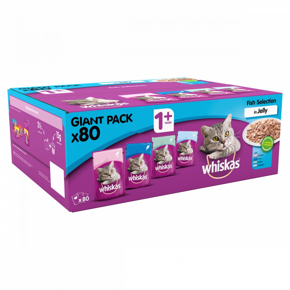 WHISKAS 1+ Cat Pouches Fish Selection in Jelly 80x100g Pack