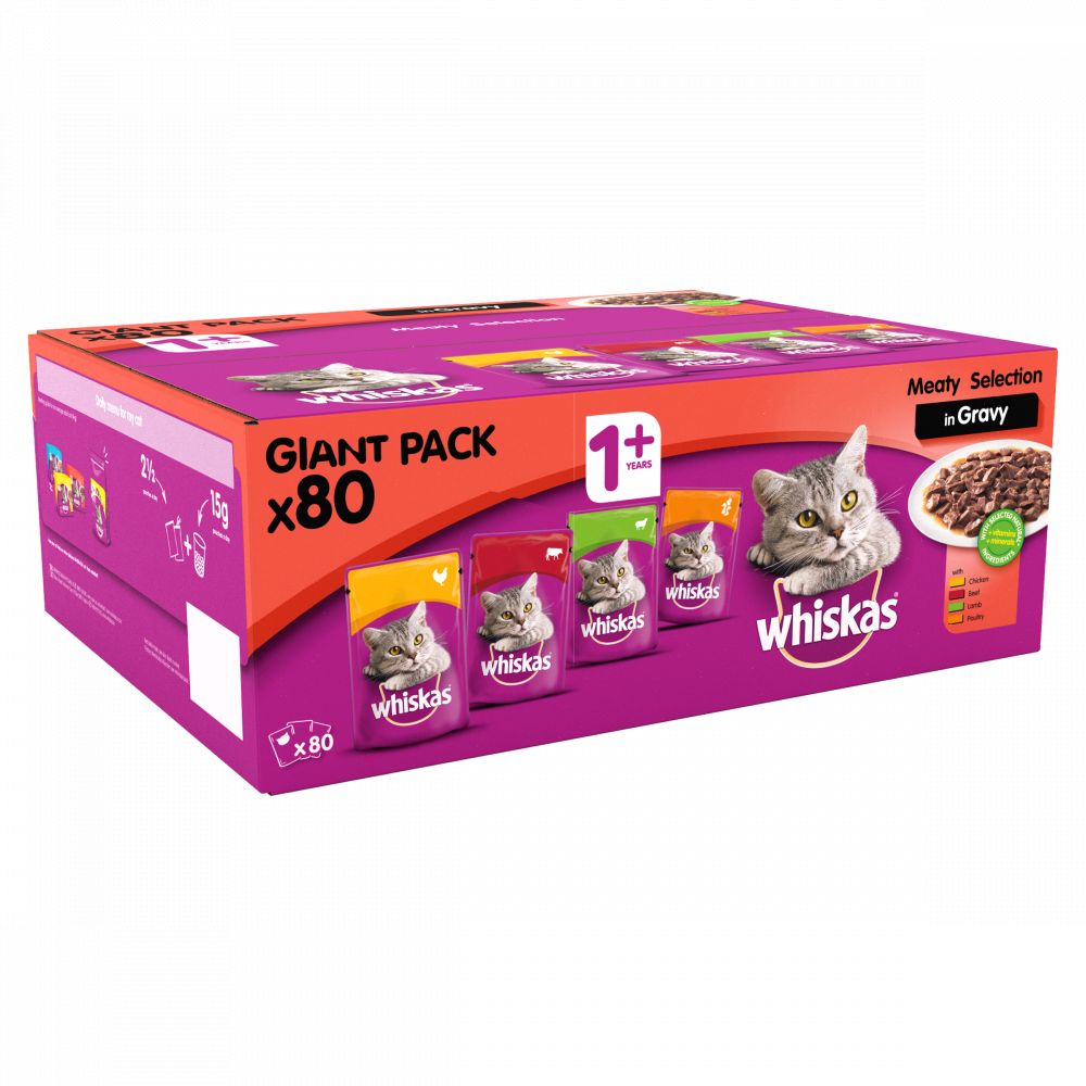WHISKAS 1+ Cat Pouches Meat Selection in Gravy 80x100g Pack