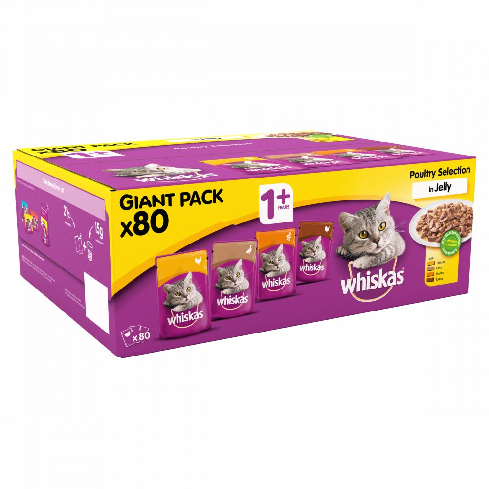WHISKAS 1+ Cat Pouches Poultry Selection in Jelly 80x100g Pack