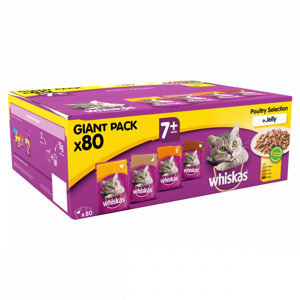 WHISKAS 7+ Cat Pouches Poultry Selection in Jelly 80x100g Pack