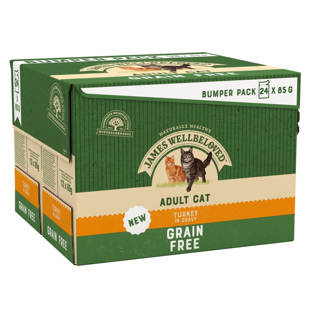 JAMES WELLBELOVED BUMPER PACK Adult Cat Grain Free Pouches with Turkey in Gravy 24x85g 