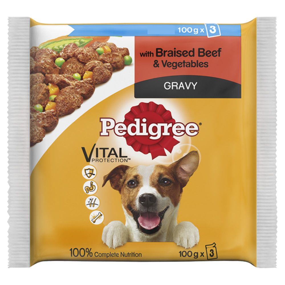  Pedigree Wet Dog Food Pouches Beef in Gravy 3 x 100g